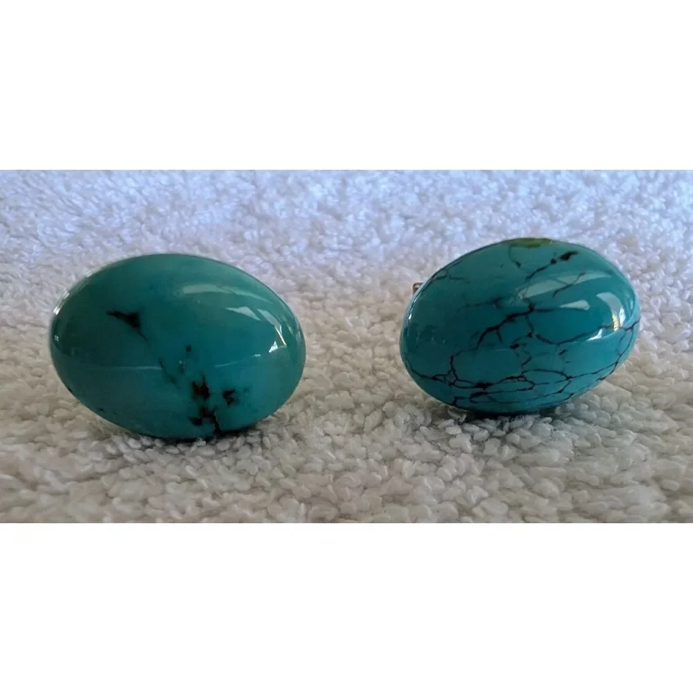 Vintage Turquoise Style Oval Cufflinks Gold Tone Southwestern Boho